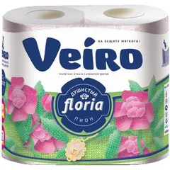 Бумага туалетная Veiro &quot;Floria. Душистый пион&quot; 2-х слойн., 4шт., тиснение, с рисунком, белая, фото 1