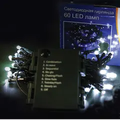 Электрогирлянда уличная светодиодная 60 ламп, холодный белый, 8 функций, на батарейках, 5,9м + 0,5м, фото 1