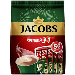 Кофе растворимый Jacobs &quot;Крепкий&quot;, 3 в 1, порошкообразный, порционный, 50 пакетиков*12г, пакет, фото 1