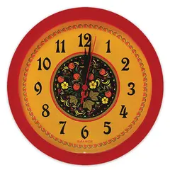 Часы настенные САЛЮТ П-Б1-168, круг, желтые с рисунком &quot;Хохлома&quot;, красная рамка, 28х28х4 см, фото 1