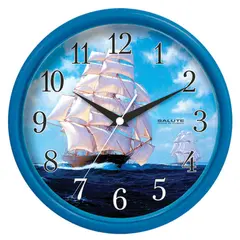 Часы настенные САЛЮТ ПЕ-Б4.1-281, круг, синие с рисунком &quot;Корабль&quot;, синяя рамка, 24,5х24,5х3,5 см, фото 1