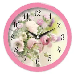 Часы настенные САЛЮТ П-Б1.1-389, круг, с рисунком &quot;Букет&quot;, розовая рамка, 28х28х4 см, фото 1