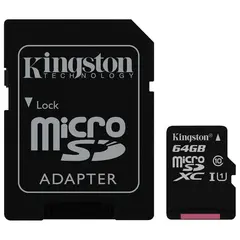 Карта памяти micro SDXC, 64 GB, KINGSTON Canvas Select, UHS-I U1, 80 Мб/сек. (class 10), адаптер, SDCS/64GB, фото 1