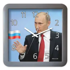 Часы настенные САЛЮТ П-А5-439, квадрат, голубые с рисунком &quot;Путин&quot;, серая рамка, 29,5х30х4 см, фото 1