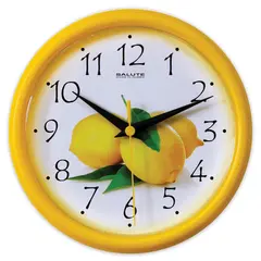 Часы настенные САЛЮТ ПЕ-Б2-202, круг, белые с рисунком &quot;Лимон&quot;, желтая рамка, 24,5х24,5х3,5 см, фото 1