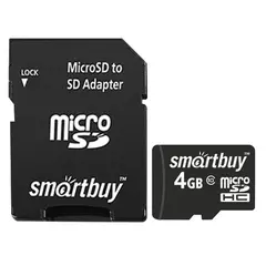 Карта памяти micro SDHC, 4 GB, SMARTBUY, 10 Мб/сек. (class 10), с адаптером, SB4GBSDCL10-01, фото 1