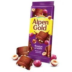 Шоколад ALPEN GOLD (Альпен Голд), молочный с фундуком и изюмом, 90 г, 40606, фото 1