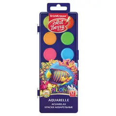 Краски акварельные ERICH KRAUSE Artberry &quot;Neon&quot;, 12 цветов, без кисти, пластиковая коробка, 41727, фото 1