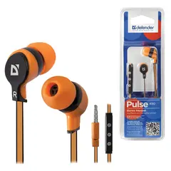 Наушники с микрофоном (гарнитура) DEFENDER Pulse 450, проводная, 1,2 м, вкладыши, для Android, оранжевая, 63450, фото 1