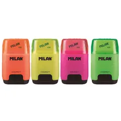 Точилка пластиковая с ластиком Milan &quot;Compact Fluo&quot;, 2 отверстия, контейнер, ассорти, фото 1