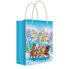 Пакет подарочный новогодний 11*13,5*6см Русский дизайн &quot;Дед Мороз на санях с лошадьми&quot;, ламинир., фото 1