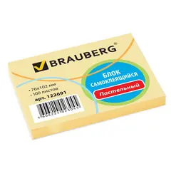 Блок самоклеящийся (стикеры) BRAUBERG, ПАСТЕЛЬНЫЙ, 76х102 мм, 100 листов, желтый, 122691, фото 1