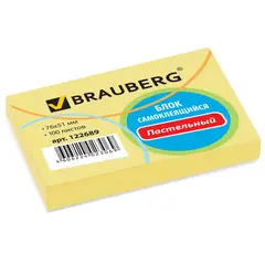 Блок самоклеящийся (стикеры) BRAUBERG, ПАСТЕЛЬНЫЙ, 76х51 мм, 100 листов, желтый, 122689, фото 1