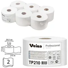 Бумага туалетная 215 м, VEIRO (Система T8), КОМПЛЕКТ 6 шт., с центральной вытяжкой, Comfort, 2-слойная, TP210, фото 1
