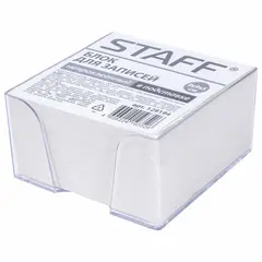Блок для записей STAFF в подставке прозрачной, куб 9х9х5 см, белый, белизна 70-80%, 129194, фото 1