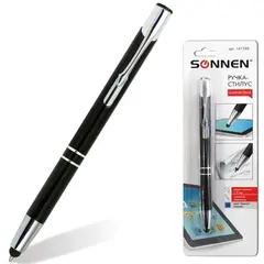 Ручка-стилус SONNEN для смартфонов/планшетов, СИНЯЯ, корпус черный, серебристые детали, линия письма 1 мм, 141588, фото 1