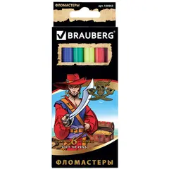 Фломастеры BRAUBERG &quot;Корсары&quot;, 6 цветов, вентилируемый колпачок, картонная упаковка с золотистым тиснением, 150563, фото 1