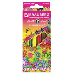 Фломастеры BRAUBERG &quot;Blooming flowers&quot;, 6 цветов, вентилируемый колпачок, картонная упаковка с фольгой, 150559, фото 1