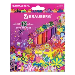 Фломастеры BRAUBERG &quot;Blooming flowers&quot;, 12 цветов, вентилируемый колпачок, картонная упаковка с фольгой, 150560, фото 1