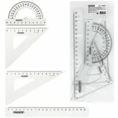 Набор чертежный средний ПИФАГОР (линейка 20 см, 2 треугольника, транспортир), прозрачный, бесцветный, пакет, 210627, фото 1