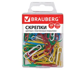 Скрепки BRAUBERG, 28 мм, цветные, 100 шт., в пластиковой коробке, 221111, фото 1