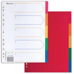 Разделитель пластиковый BRAUBERG, А4, 5 листов, по цветам, оглавление, 221846, фото 1