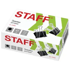 Зажимы для бумаг STAFF, КОМПЛЕКТ 12 шт., 41 мм, 200 листов, черные, картонная коробка, 224609, фото 1