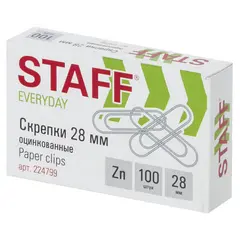 Скрепки STAFF, 28 мм, оцинкованные, 100 шт., в картонной коробке, 224799, фото 1