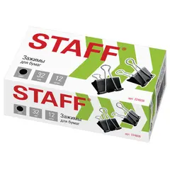 Зажимы для бумаг STAFF, КОМПЛЕКТ 12 шт., 32 мм, на 140 листов, черные, картонная коробка, 224608, фото 1