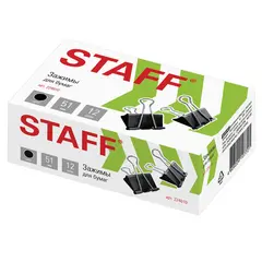 Зажимы для бумаг STAFF, КОМПЛЕКТ 12 шт., 51 мм, на 230 листов, черные, картонная коробка, 224610, фото 1