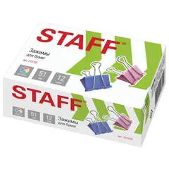 Зажимы для бумаг STAFF, КОМПЛЕКТ 12 шт., 51 мм, на 230 листов, цветные, картонная коробка, 225160, фото 1