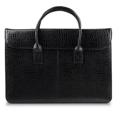 Портфель-сумка женский из натуральной кожи, 38х28х8 см, под крокодила, 2 отдела, клапан с магнитом, черный, 8-095, фото 1