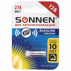 Батарейка SONNEN Alkaline, 27А (MN27), алкалиновая, для сигнализаций, 1 шт., в блистере, 451976, фото 1