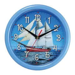 Часы настенные TROYKA 21241250, круг, голубые с рисунком &quot;Парусник&quot;, голубая рамка, 24,5х24,5х3,1 см, фото 1