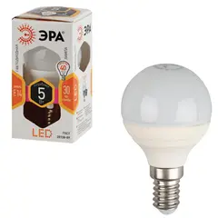 Лампа светодиодная ЭРА, 5 (40) Вт, цоколь E14, шар, теплый белый свет, 30000 ч., LED smdP45-5w-827-E14, фото 1