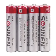Батарейки SONNEN, AAA (R03, 24А), солевые, КОМПЛЕКТ 4 шт., в пленке, 451098, фото 1