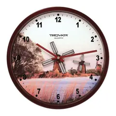 Часы настенные TROYKA 44031441, круг, белые с рисунком &quot;Мельница&quot;, коричневая рамка, 29,5х29,5х5,4 см, фото 1