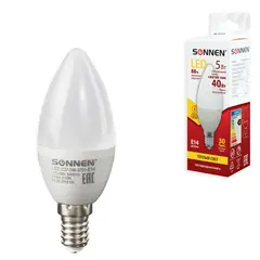 Лампа светодиодная SONNEN, 5 (40) Вт, цоколь Е14, свеча, теплый белый свет, LED C37-5W-2700-E14, 453709, фото 1