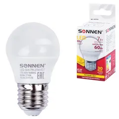 Лампа светодиодная SONNEN, 7 (60) Вт, цоколь E27, шар, теплый белый свет, LED G45-7W-2700-E27, 453703, фото 1