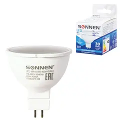 Лампа светодиодная SONNEN, 5 (40) Вт, цоколь GU5.3, холодный белый свет, LED MR16-5W-4000-GU5.3, 453714, фото 1