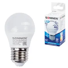 Лампа светодиодная SONNEN, 5 (40) Вт, цоколь E27, шар, холодный белый свет, LED G45-5W-4000-E27, 453700, фото 1