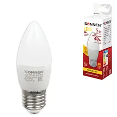Лампа светодиодная SONNEN, 5 (40) Вт, цоколь E27, свеча, теплый белый свет, LED C37-5W-2700-E27, 453707, фото 1