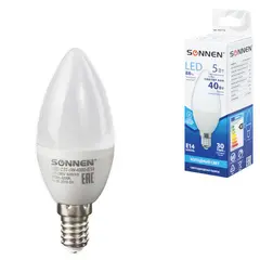Лампа светодиодная SONNEN, 5 (40) Вт, цоколь Е14, свеча, холодный белый свет, LED C37-5W-4000-E14, 453710, фото 1