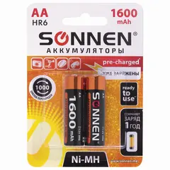 Батарейки аккумуляторные SONNEN, АА (HR06), Ni-Mh, 1600mAh, 2 шт, в блистере, 454233, фото 1