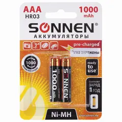 Батарейки аккумуляторные SONNEN, ААA (HR03), Ni-Mh, 1000mAh, 2 шт, в блистере, 454237, фото 1