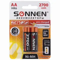 Батарейки аккумуляторные SONNEN, АА (HR06), Ni-Mh, 2700mAh, 2 шт, в блистере, 454235, фото 1