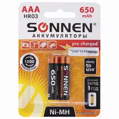 Батарейки аккумуляторные SONNEN, ААA (HR03), Ni-Mh, 650mAh, 2 шт, в блистере, 454236, фото 1