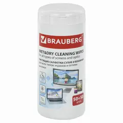 Чистящие салфетки BRAUBERG для LCD (ЖК)-мониторов, сухие и влажные в тубе, 50+50 шт., 510121, фото 1