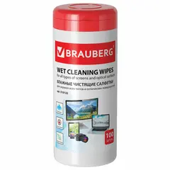 Чистящие салфетки BRAUBERG для экранов и оптических поверхностей, влажные, в тубе 100 шт., 510122, фото 1