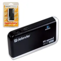 Хаб DEFENDER QUADRO INFIX, USB 2.0, 4 порта, порт для питания, 83504, фото 1